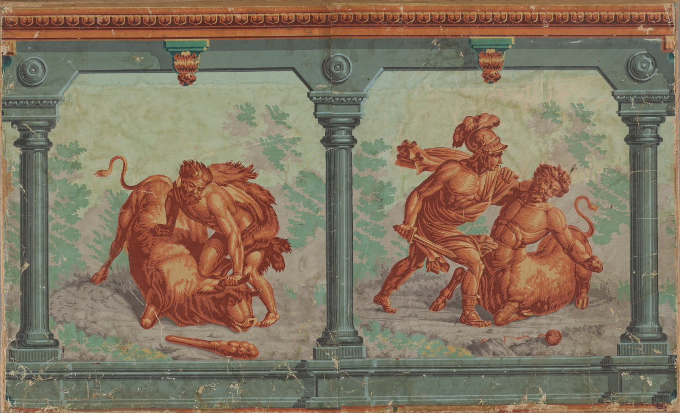 Wallpaper section depicting mythological battles framed within ancient columns. The figures are done in warm sepia tones, while the columns and backdrop are done in muted jade green.