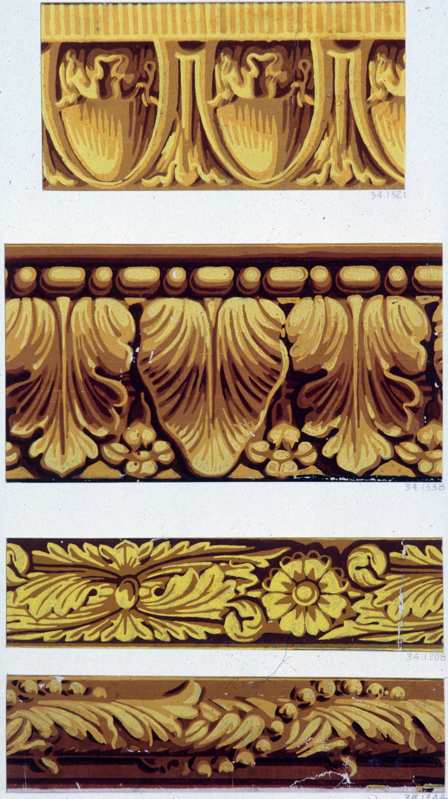 Four decorative design strips in gold on a white background depicting intricately shaded shields, leaves, flowers and geometric embellishments.