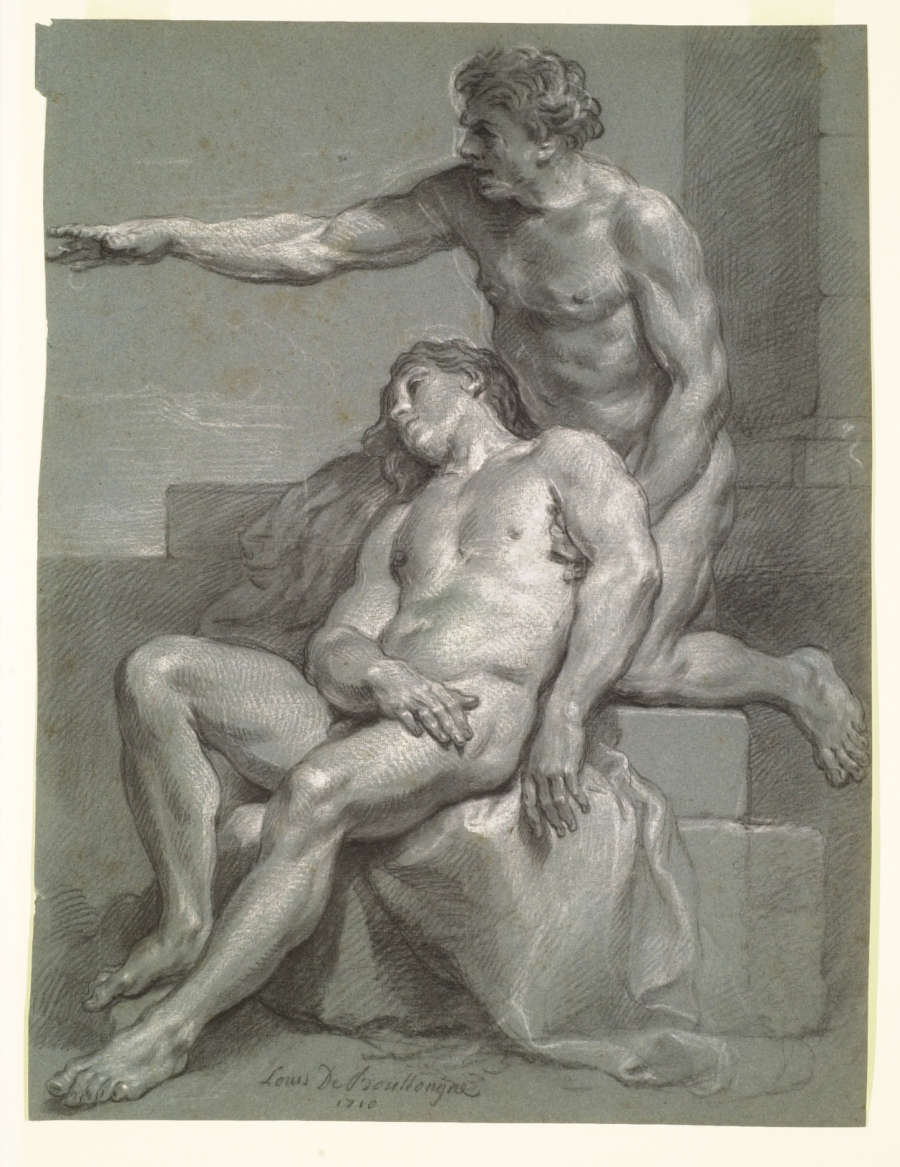 A black and white chalk drawing of two male on blue-toned paper. The figure in the foreground is seated, collapsed backwards onto the man behind him who is pointing leftward.