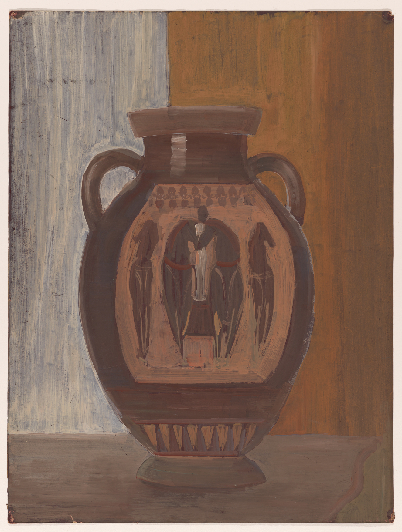 An earthy-toned painting of a brown vase with curved handles on top and a central design featuring brown figures, set on a surface against a split cream and yellowish-orange background. 