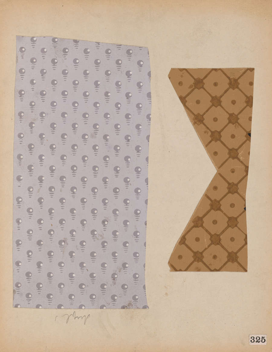 Two fragments: the left with circular designs in faded light purple and the right cut into a bowtie shape with a brown, diagonal tiled pattern.