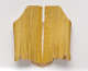 Photo of the front of a stitched gold-colored garment. Iit is open in the front and scalloped at the bottom.