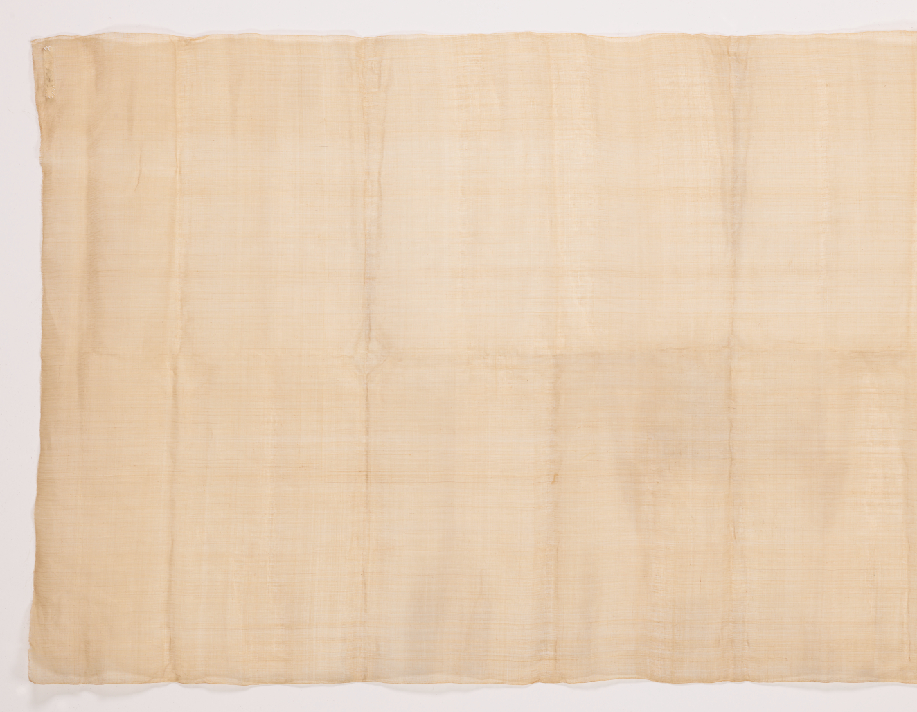 Rectangle of light beige woven fabric with a soft, wrinkled texture on a light background. The surface shows a subtle grid-like pattern.