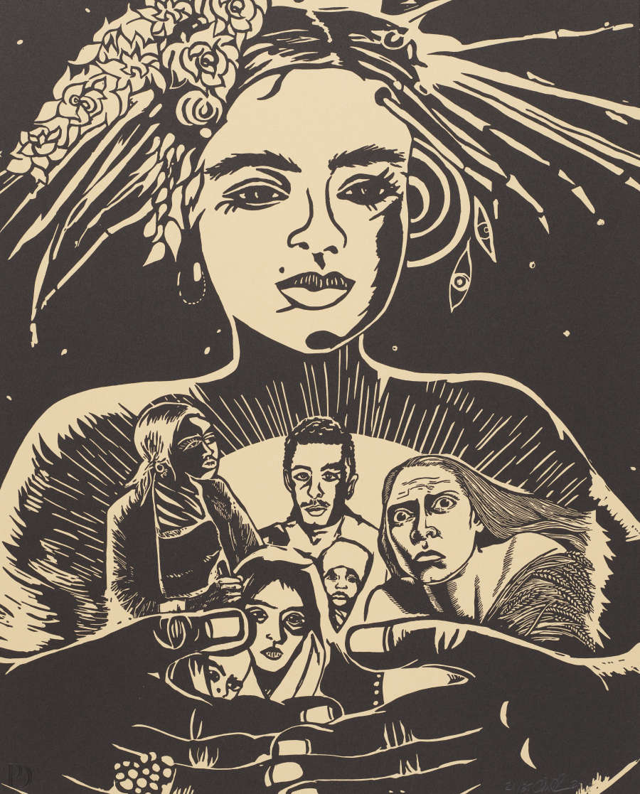 Striking black and tan illustration of a central female figure with a floral headdress and a radiant halo cradling a group of people surrounded by a glow in her arms.