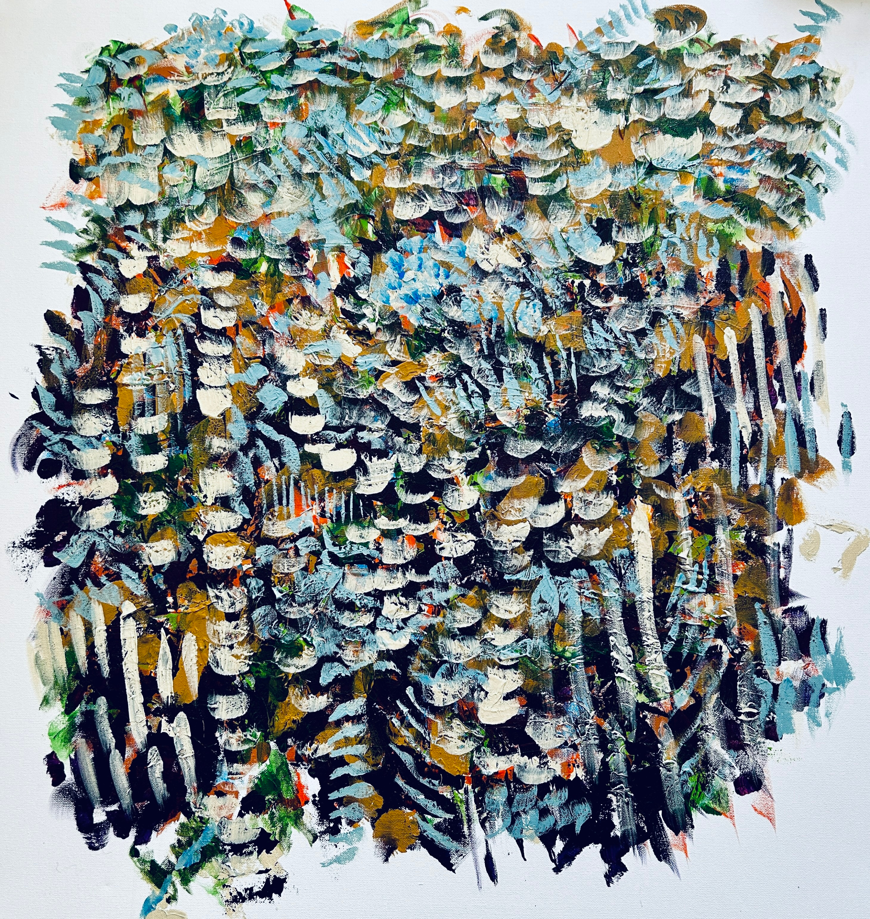 Abstract painting with layers of textured brushstrokes in shades of green, blue, brown, and white, forming a dense, organic pattern across the canvas.