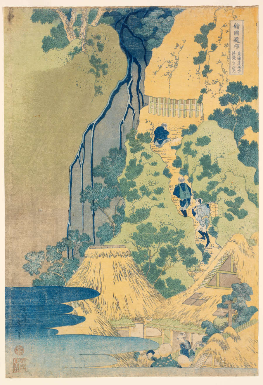 Print in bright yet faded colors, of figures climbing a lush mountain alongside a waterfall. They travel from a group of huts towards slats built into one of the mountain-faces.