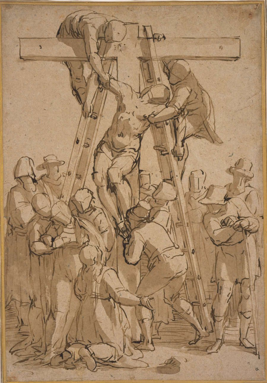 A pen and ink with brown wash gestural drawing of Christ’s body being taken down from the Cross by his followers and Mary. The faceless figures create a pyramid form.