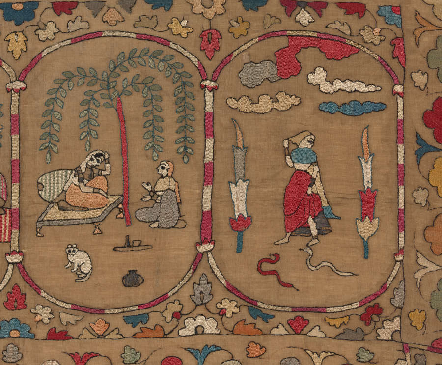 Two subsections of a row of illustrations, framed by colorful floral motifs, showing two figures beside a tree on the left, and a figure amongst snakes on the right.