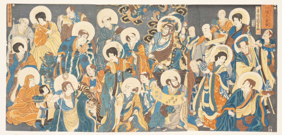 A detailed woodblock print depicting a procession of figures with halos. The figures fill the composition almost entirely and are presented in dynamic poses with vibrant robes. 
