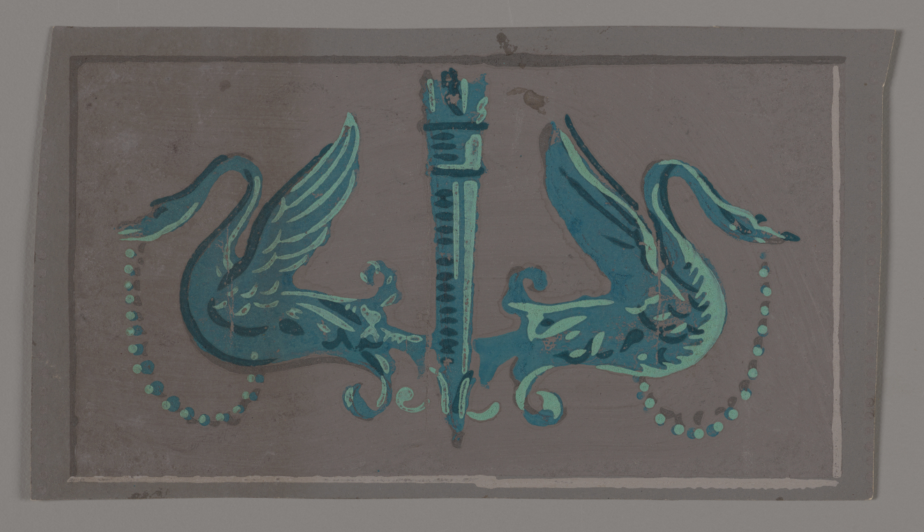 A monochromatic blue design with a central torch surrounded by two swans facing outwards holding beaded chains, set against a muted gray-purple background.