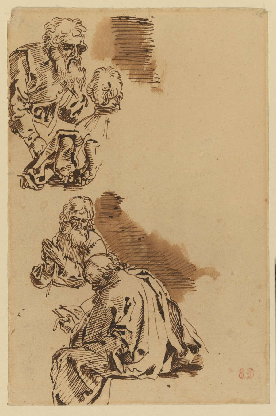 A brown pen and ink study depicting Biblical figures around the edges of the paper. Figures speak, kneel in prayer and read the Bible.