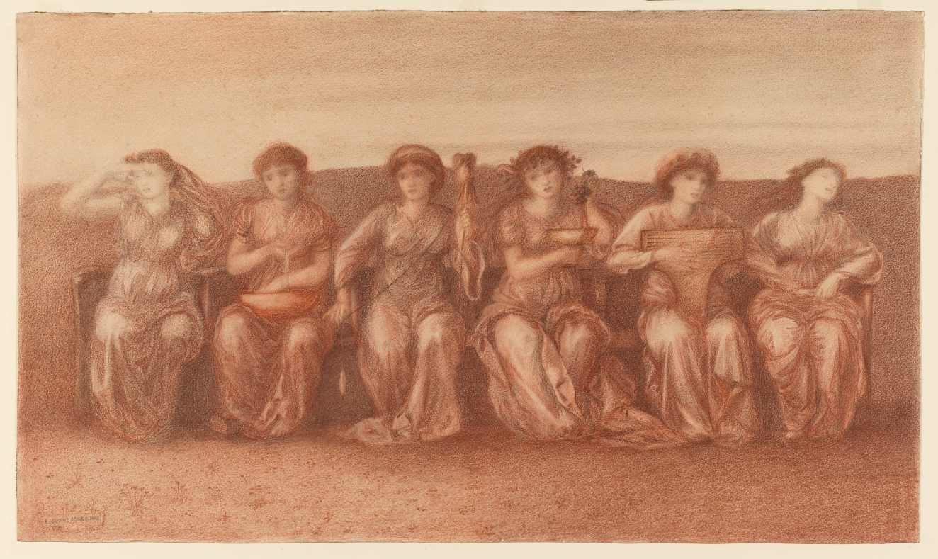 A red crayon and graphite drawing of six seated women. Each performs an action to mark the time of day: awaken, wash, weave, wine, play the lyre, and sleep.