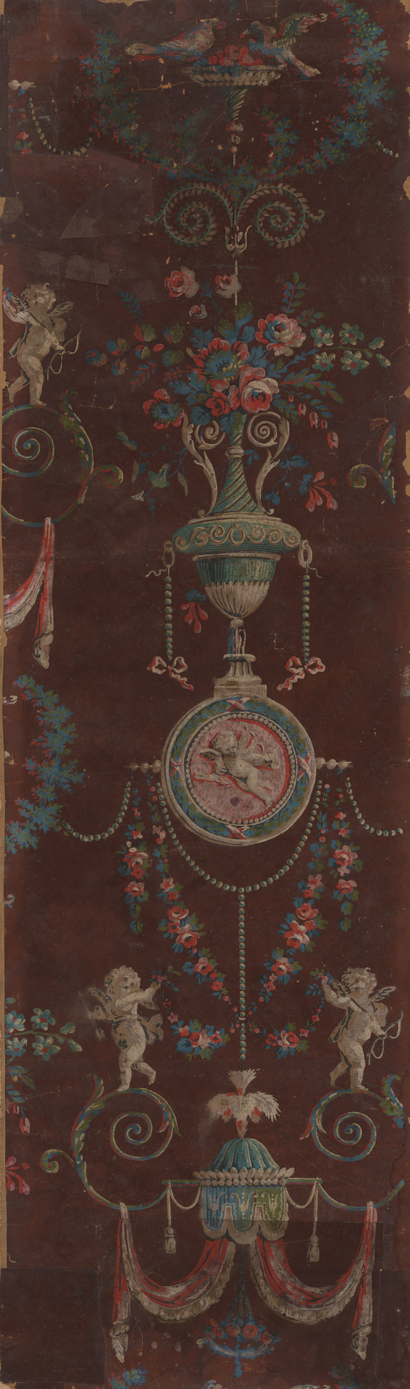 Tall and narrow panel of vintage wallpaper featuring a muted design of symmetrical ornamental and intricate vases, alongside playful cherubs and floral garlands on a rich, dark brown backdrop.