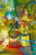 Low-resolution photograph of an abstract painting composed of swathes of vibrant greens, yellows and reds, which are overlaid by streaks of reds, blues, and black lines forming several circular shapes. 