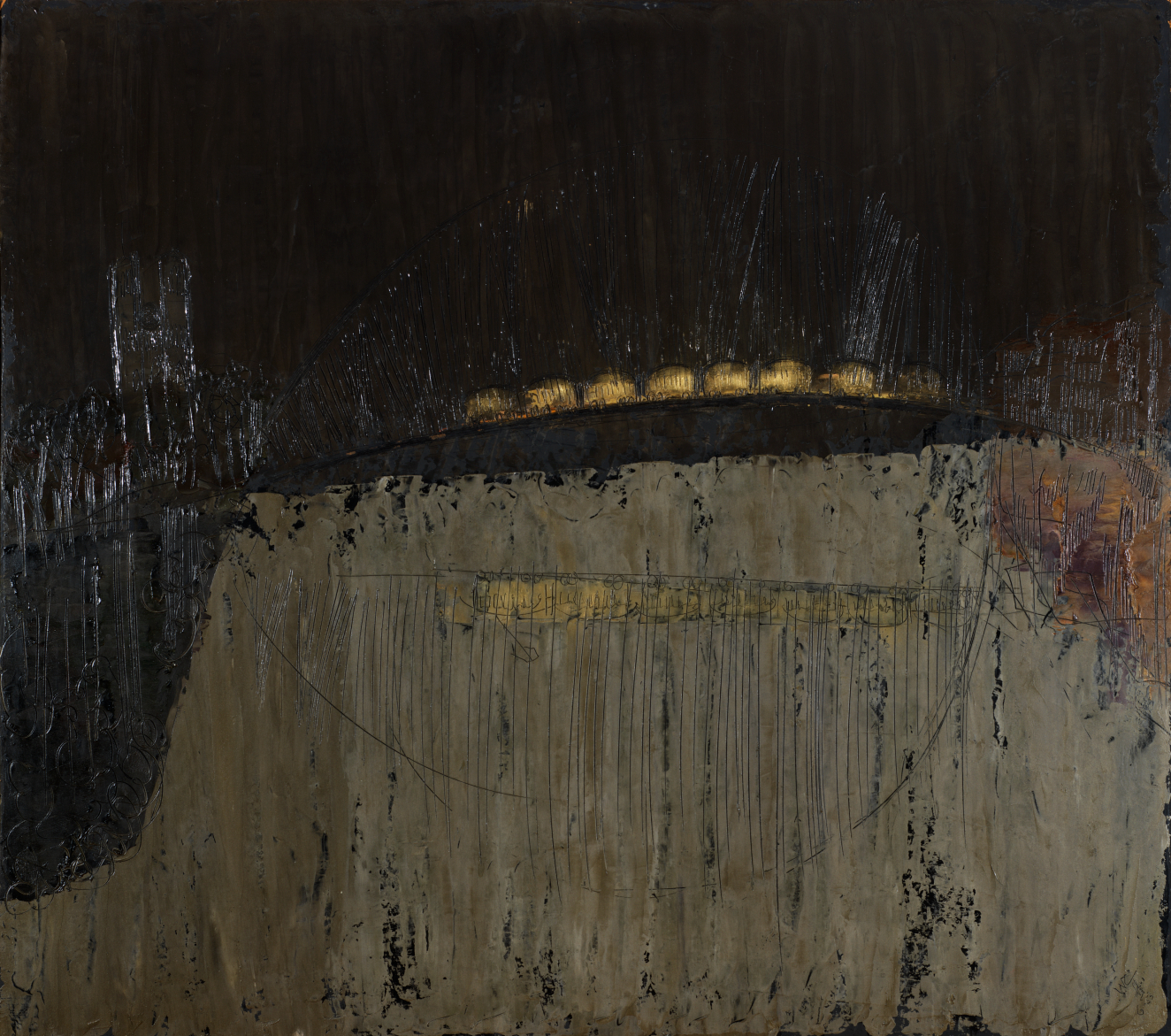 Oil painting featuring a streaked textured black backdrop with the silhouettes of architecture surrounding an arc of glowing yellow lights, above a large gray swath which mirrors the scene above.