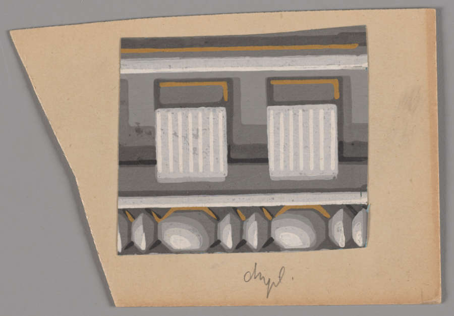 Paper cutout featuring a square decorative design on a gray background. The design features light gray striped rectangles and shaded spheres between gray stripes and above a dark gray backdrop.