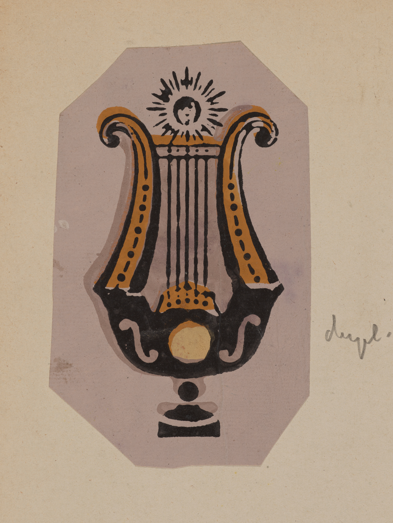 Stylized lyre motif which is yellow in the top half and black in the bottom with detailing throughout. There is a sunburst emblem above the strings.