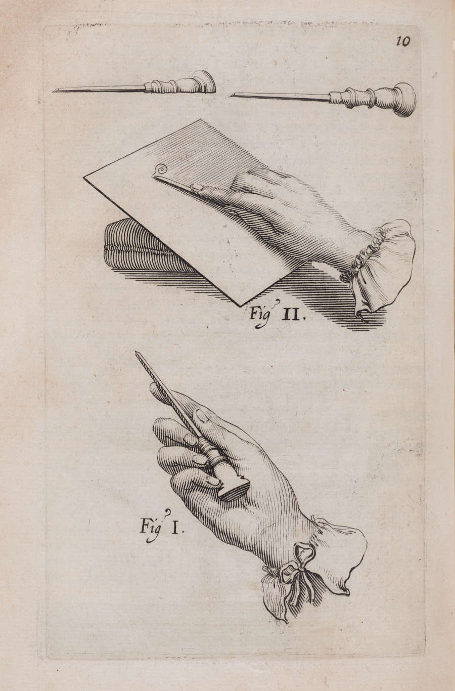 A diagram with two hands demonstrating engraving methods: one pressing a tool onto a metal plate, the other holding a tool at an angle.