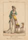 Aged illustration of a figure in a long white dress, green shawl, and bonnet, leaning against a fringed, high-backed chair.