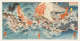 A vibrant three-panel Japanese woodblock print featuring a dynamic scene of a red and white boat breaking through turbulent waters. Calligraphic script and red adornments are present along the margins.