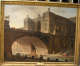 A painting of a grand, sunlit stone bridge spans a canal, connecting to a regal building with figures bathing and socializing along the water's edge, set within a gold frame. 