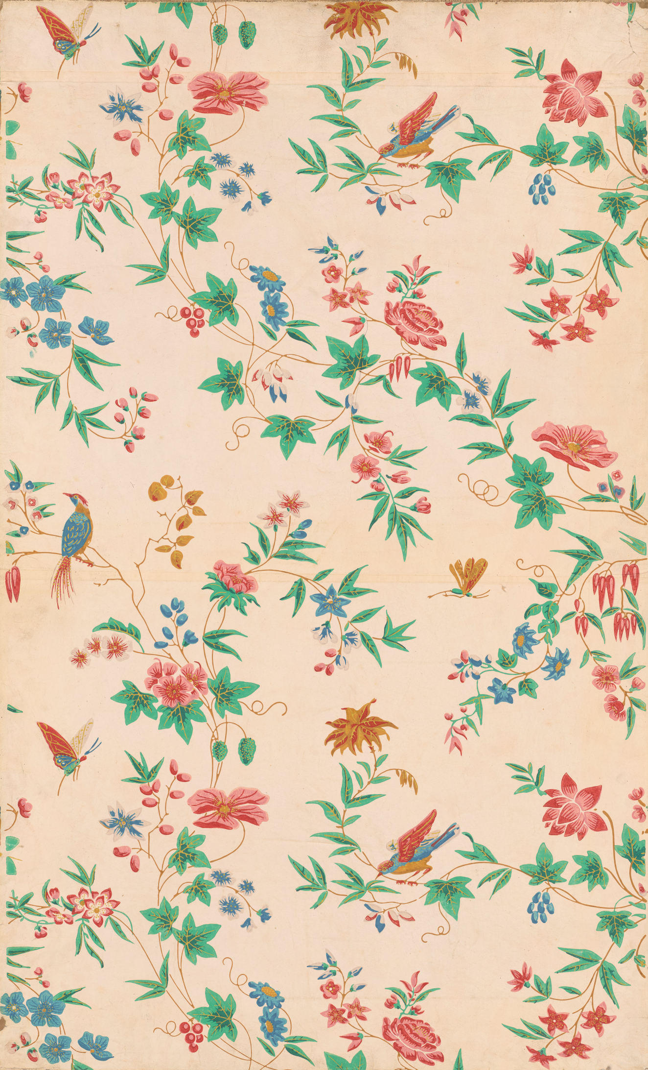 Cream wallpaper with multicolored birds sitting atop thin, winding brown branches which have leaves and various colored flowers on them. Butterflies, with outstretched wings, fly around the branches.