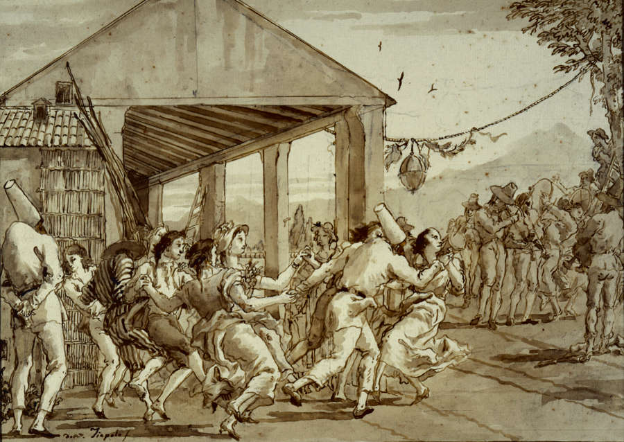 A pen and ink and wash drawing of a lively crowd of people dancing in front of an Italian country pavilion. In the background people are playing violins and drums.