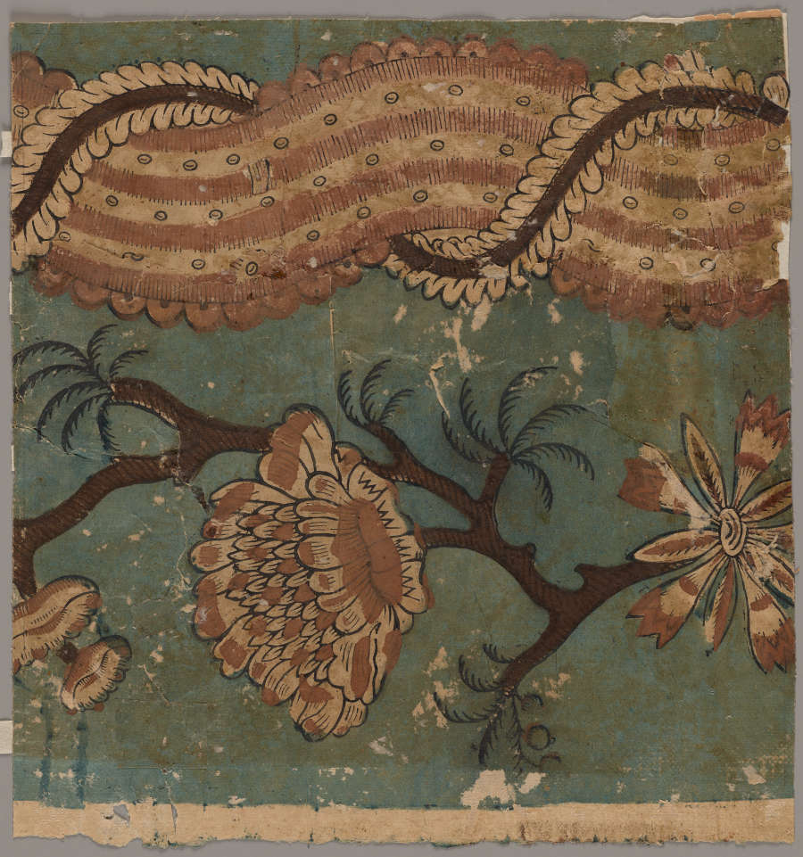 Segment of yellowed wallpaper featuring an undulating red and white motif bordered by intricate curved details; set against a faded blue backdrop. A botanical shape is placed below the curve.