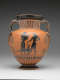 A terracotta ceramic vessel with black-figure decoration, showing two figures and a dog in the center, with decorative elements along the handles and base.
