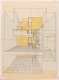 An architectural-style drawing of the interior of a multi-level space, featuring geometric lines detailing staircases, railings, doors, and gridded floors with yellow accent walls. 