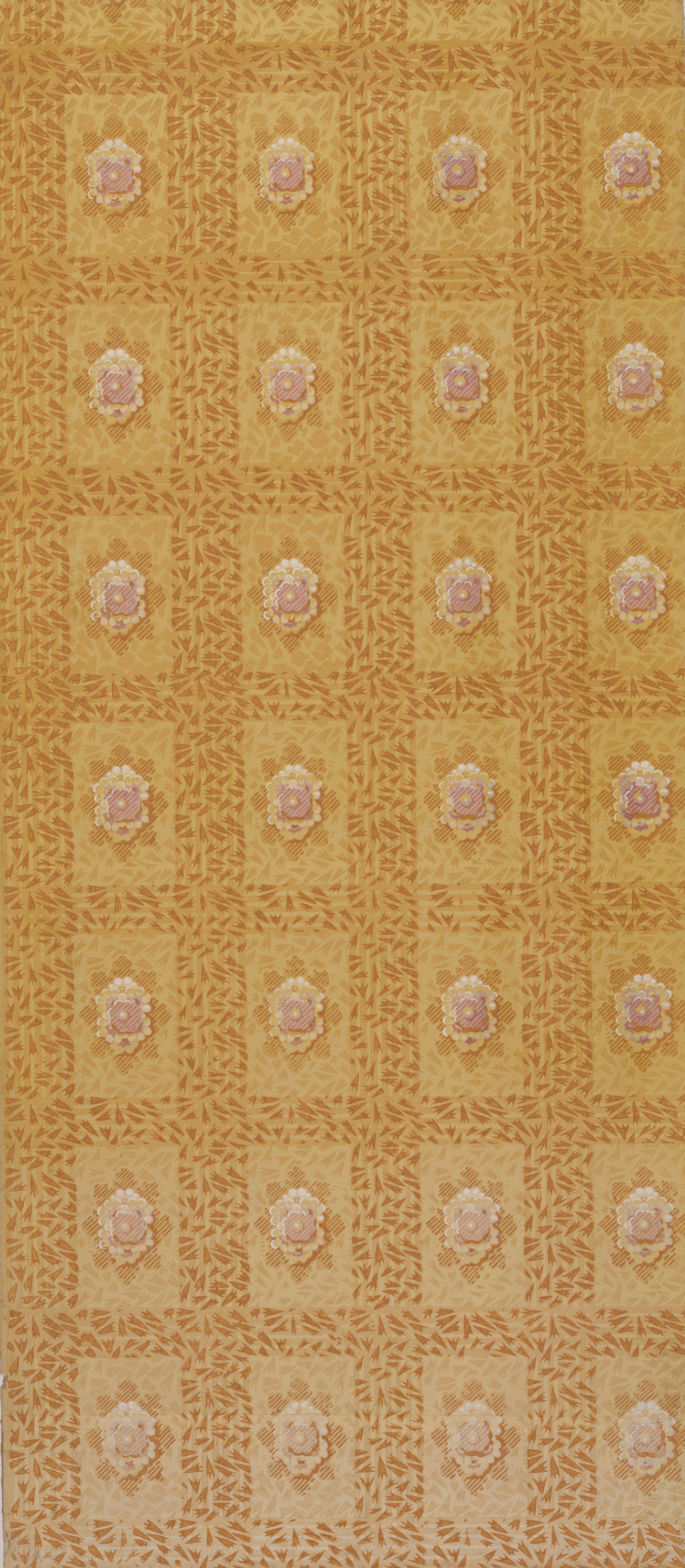 Repetitive design of white rosettes arranged in a grid set against a golden yellow background with a subtle leafy pattern.