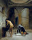 A serene, earthy-toned scene of a nude woman washing her long dark hair in a basin under arched ceilings while a blue-veiled figure tends to vessels on the floor. 