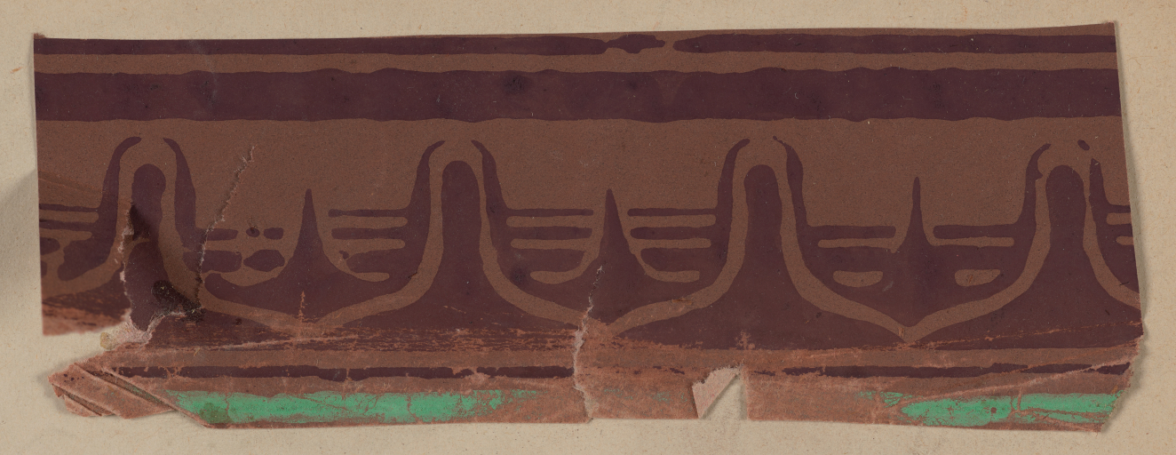 Horizontal design strip featuring a dark brown layered design with stylized spike motifs above stacked lines and bordered by stripes with a green accent, with slight tearing to the left.