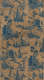 Panel of elegant, vintage wallpaper featuring a pattern of blue pastoral scenes of houses and churches with interspersed foliage motifs, on a distressed brown background.