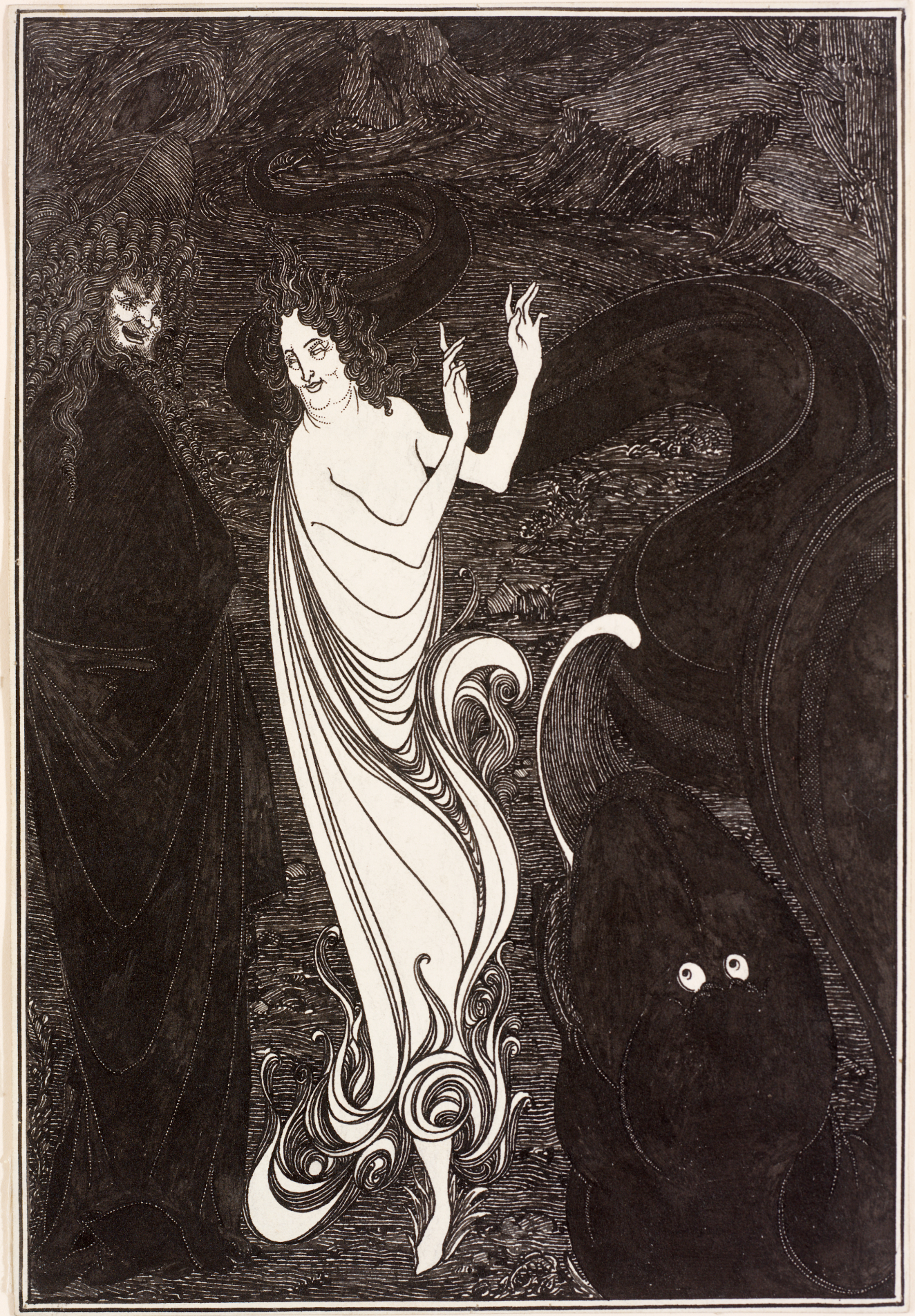 Ink drawing of two figures, one in black, the other in white. White figure mockingly turns away from  a large serpent against a dark, ominous landscape.