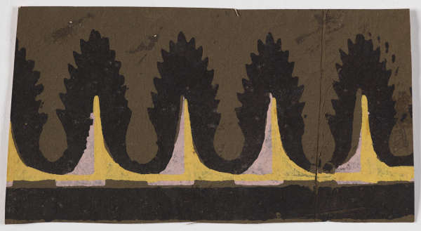 Sharp yellow and pink peaks bordered by a jagged black outline set against a brown background.