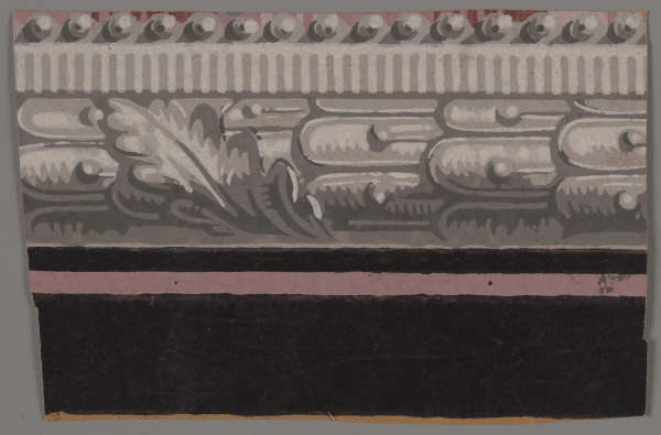 Gray intricately shaded ornamental design with a floral leaf atop of overlapped rounded rectangular forms. Below is a black horizontal segment with a thin pink stripe.