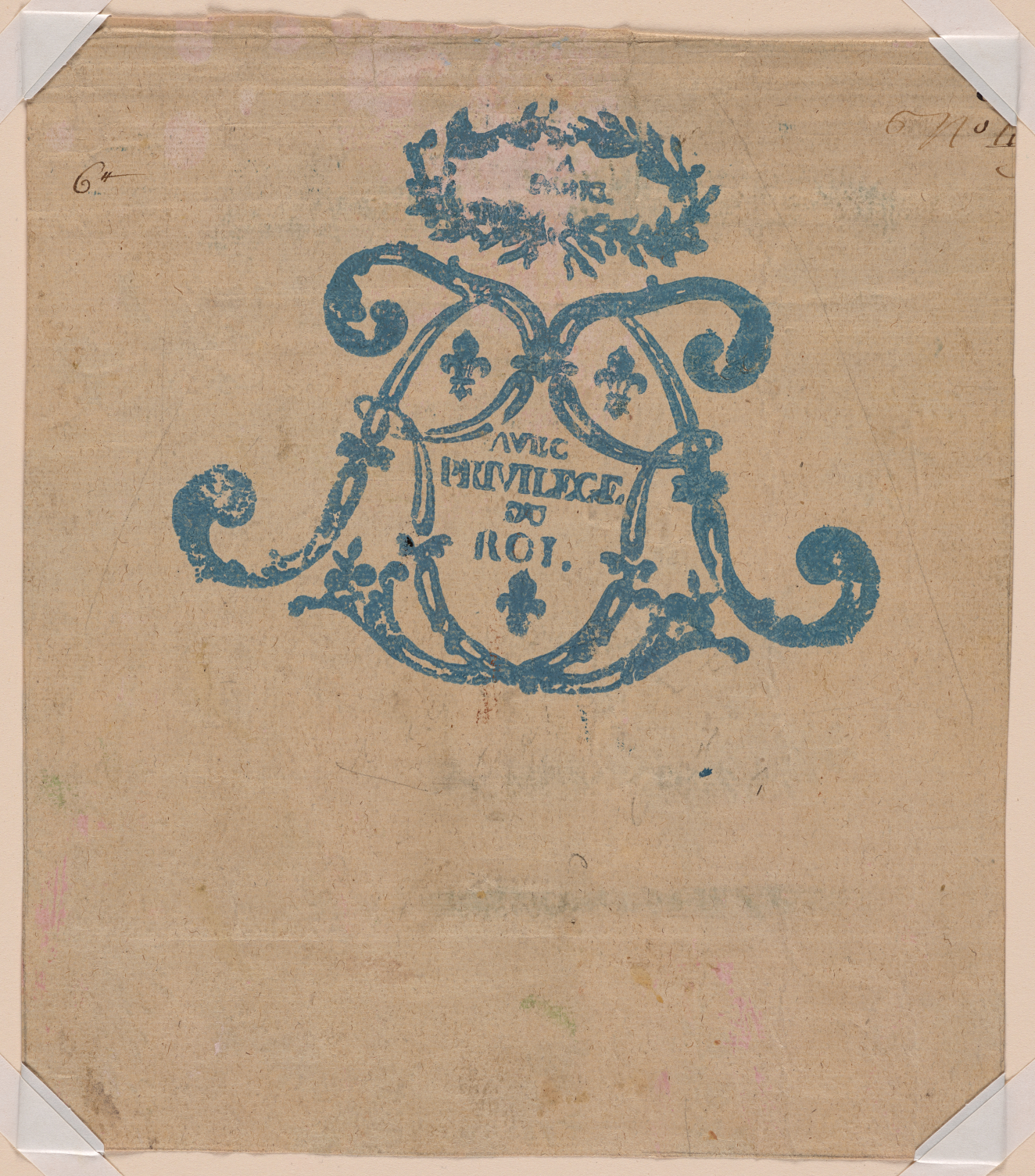Tan sheet of paper with a large, center blue stamp made out of two mirrored capital R’s, with a leaf headpiece above and text in the center which reads “avec privilege roi”.