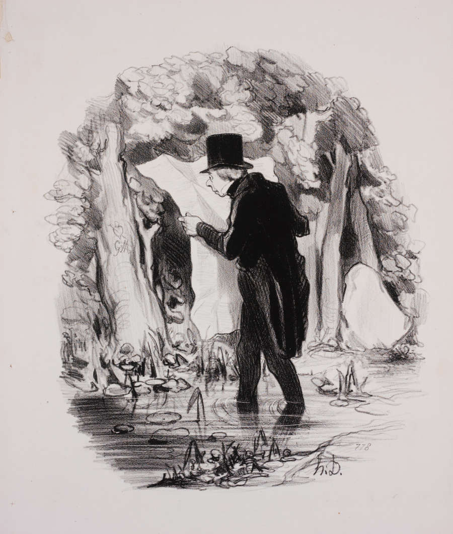 A black and white illustration of a man dressed in formal attire and top hat, closely examining a large sheet of paper while standing in shallow water in a forest.