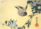 A small gray bird dives towards blooming blue flowers growing out of green stems from the bottom to right edge. There’s calligraphy above a red artists stamp to the right.