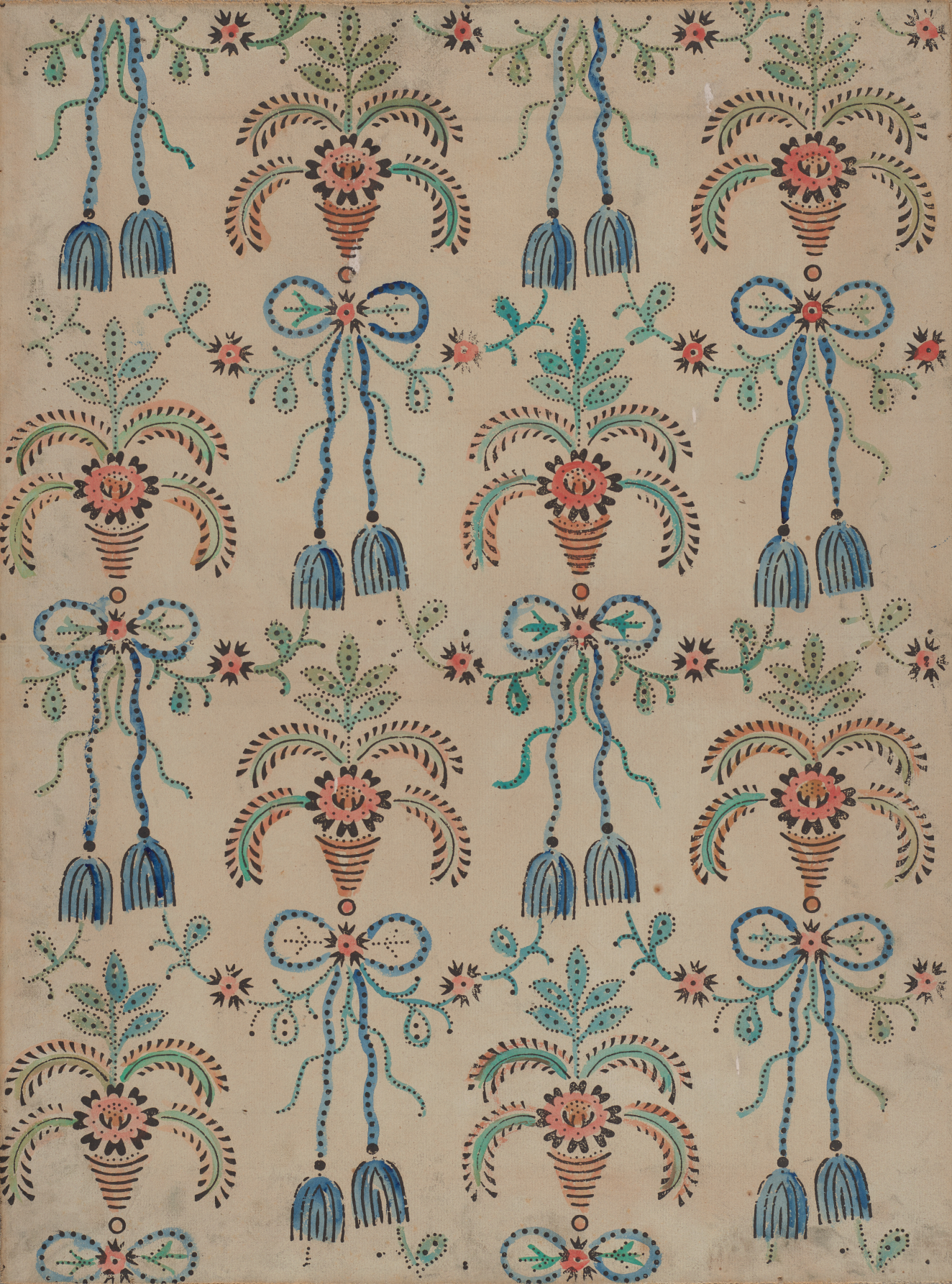 Segment of vintage wallpaper featuring a symmetrical repetitive pattern. The elegant print includes blue, pink, and green tassel motifs placed alongside floral designs; set on an off-white background.