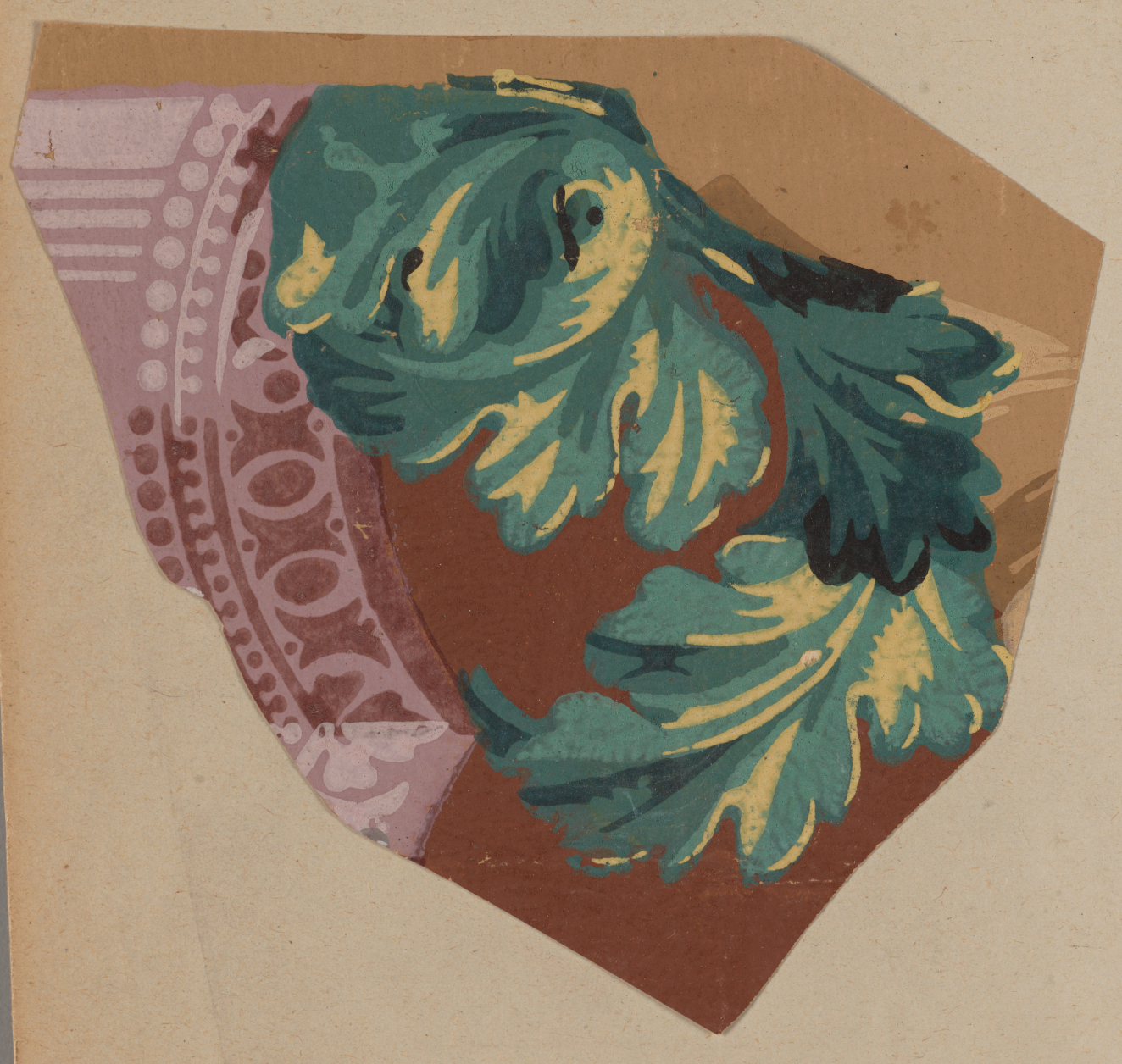 Decorative design fragment on a light backdrop featuring green foliage with yellow highlights next to a pink curving form with geometric designs on a brown and beige background.