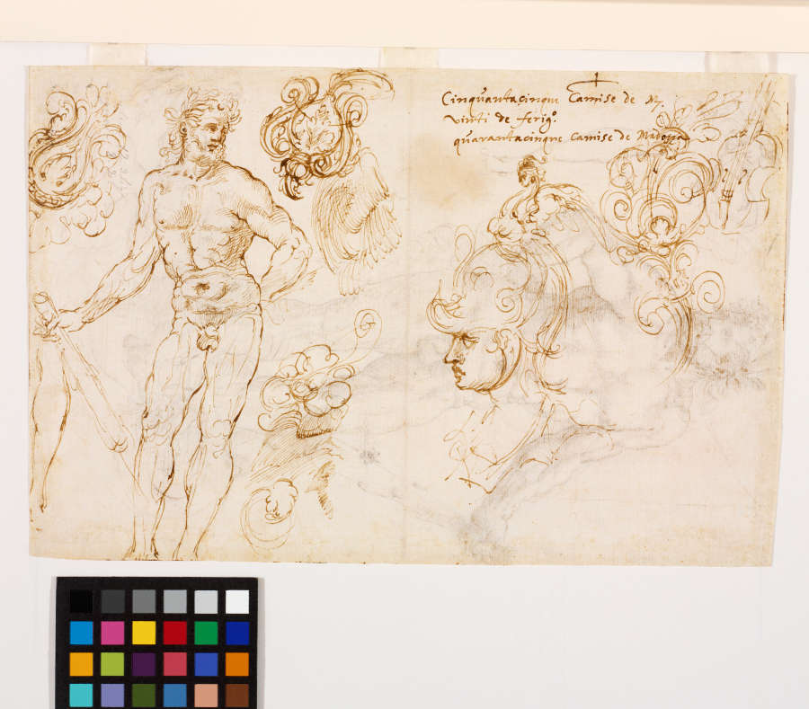A sheet with various pen and ink study drawings. At left is a nude Hercules. At right are various annotations and sketches, including of a man wearing a plumed helmet.