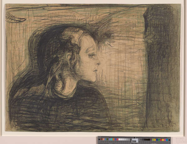 Lithograph depicting the side profile of Edvard Munch’s sick sister. Her head rests on what appears to be a pillow as she looks to the right with a sad expression.