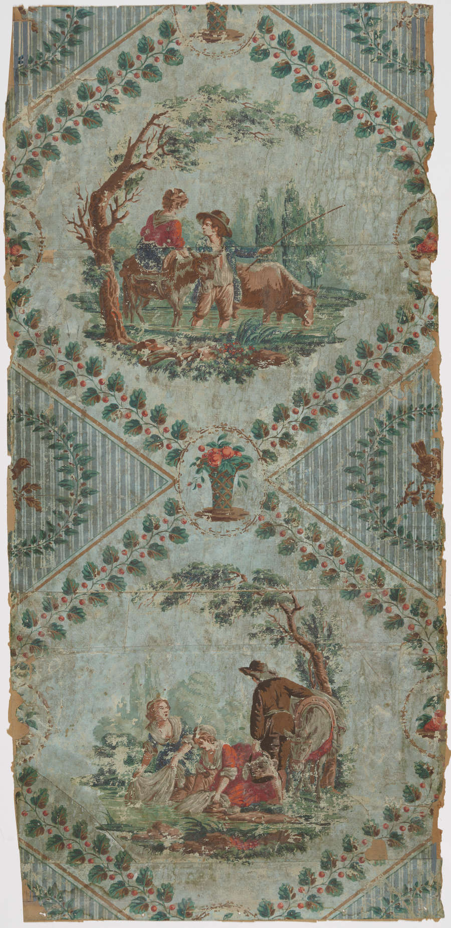 Pastoral wallpaper panel with diamond-shaped vignettes, each containing an idyllic, rural scene, bordered by verdant foliage against a faded aqua background.