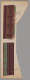 Paper cutout with two vertical brown decorative pattern strips. The top features curved arch patterns alternating with spikes, while the bottom has repeating zigzags next to green horizontal stripes.