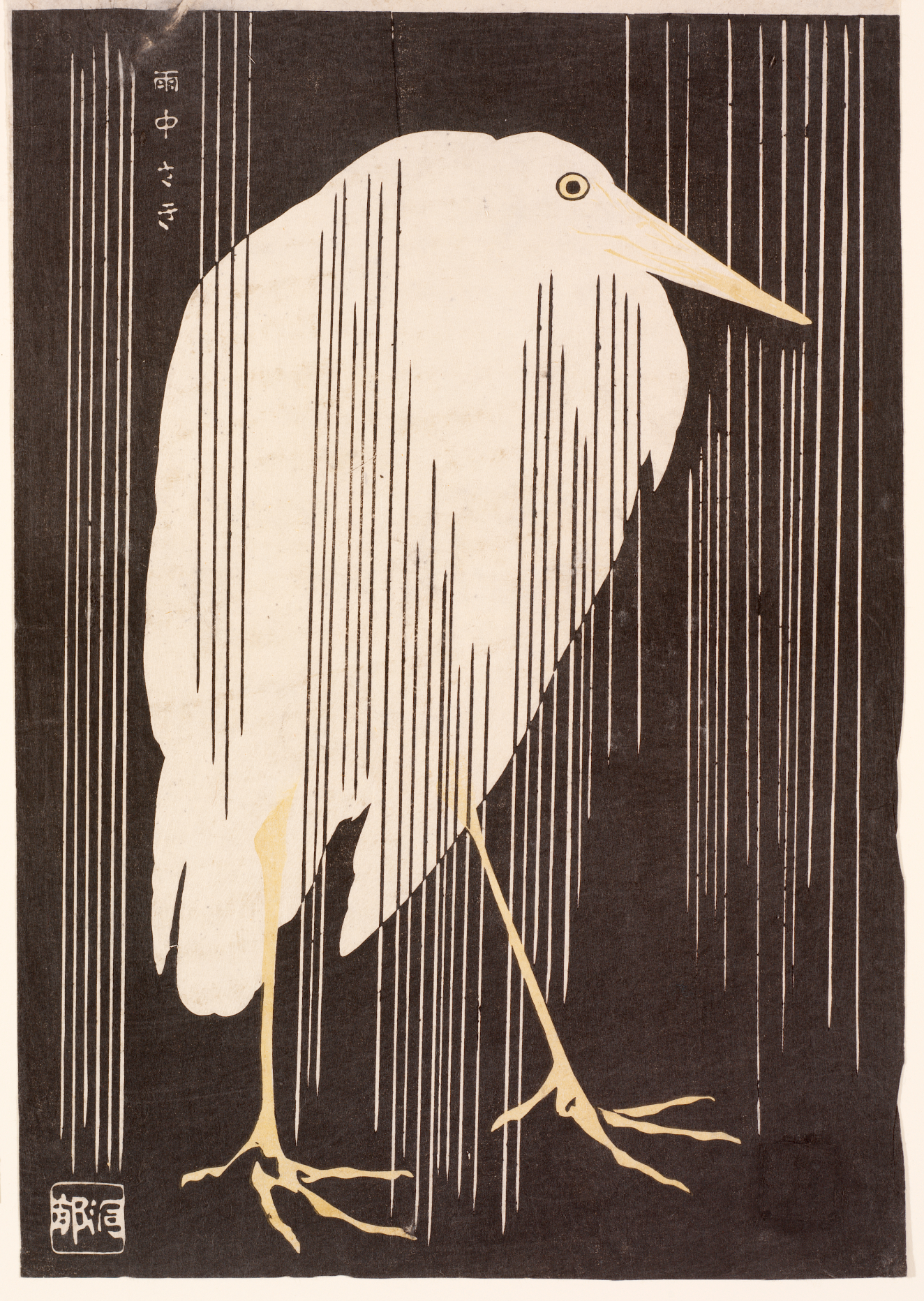 A large white heron, huddled against the rain, indicated by fine, vertical lines set against a dark background. 