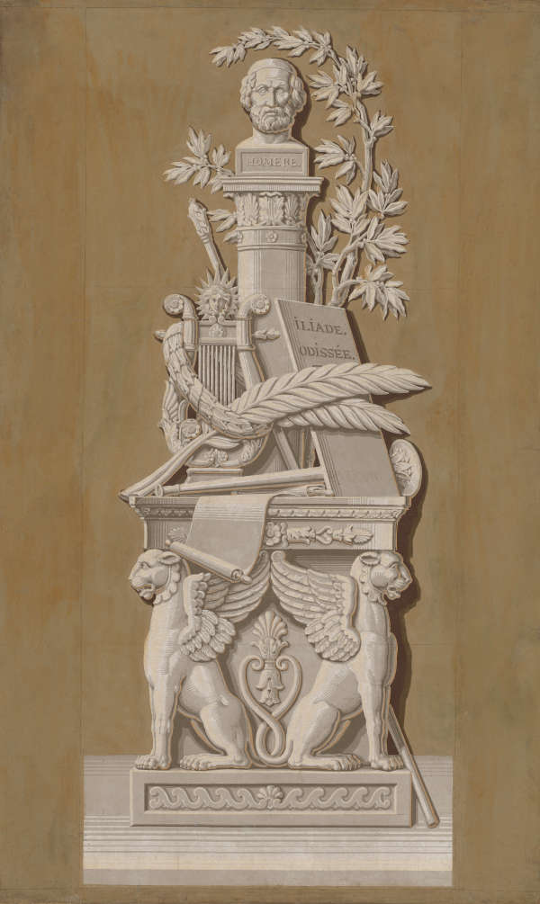 Elaborate trophy tribute to Homer, with his bust prominently placed atop a classical pedestal, adorned with laurels, flanked by mythical griffins, and surrounded by instruments of poetry and knowledge.