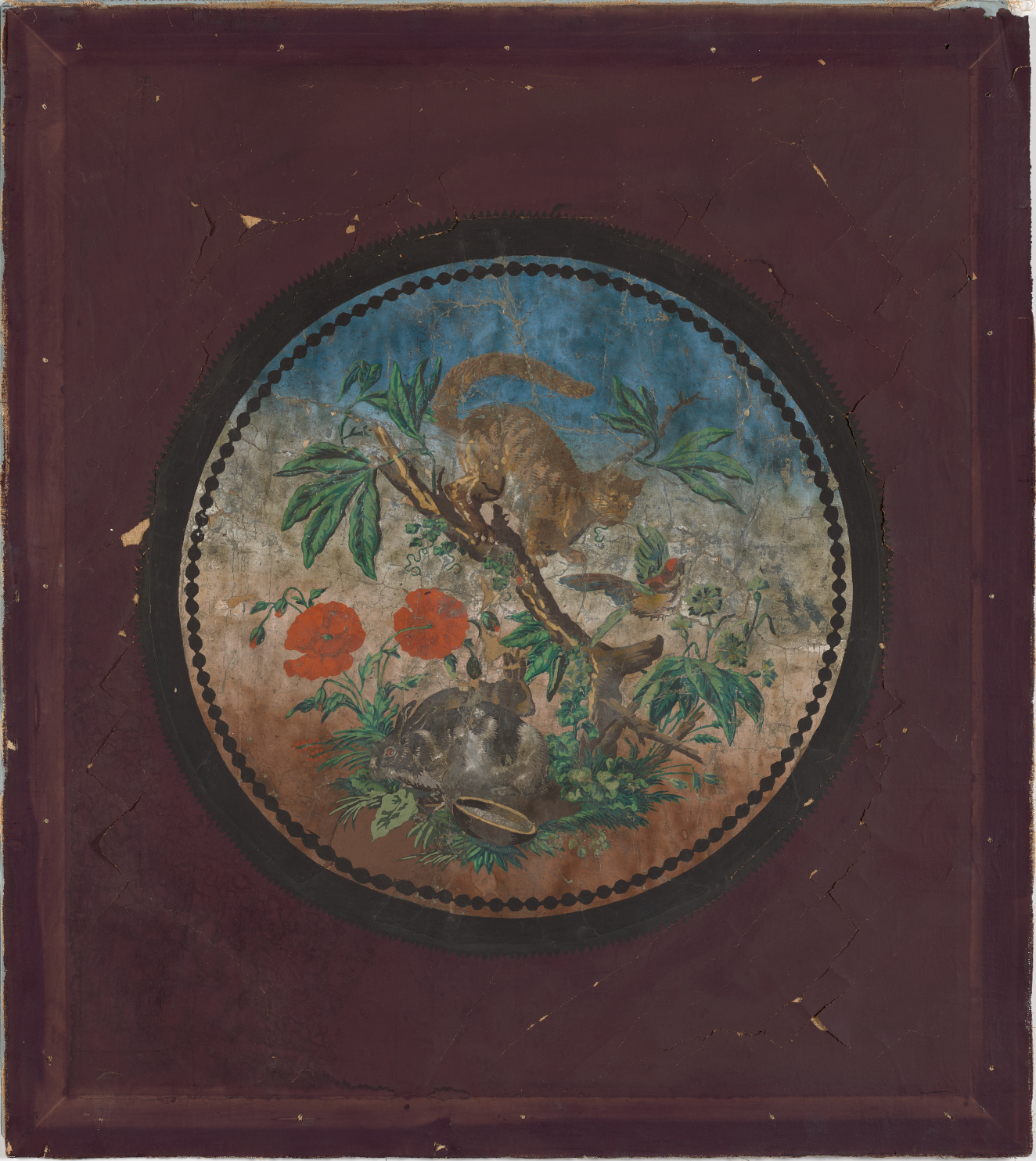 Circular vignette depicting a monkey amidst tropical foliage and fruit, encased within a decorative, dotted border on a burgundy field.