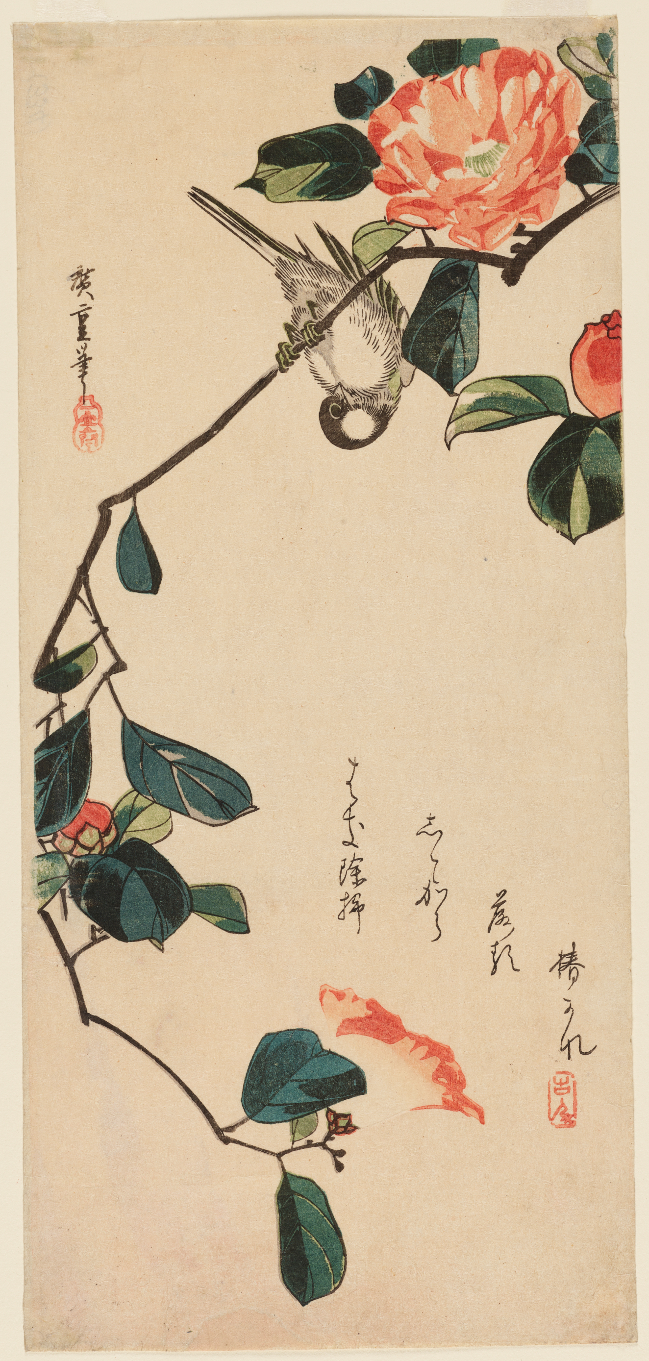 A small bird hanging upside down from a branch of blooming pink flowers surrounded by dark green leaves and vertical calligraphy. 